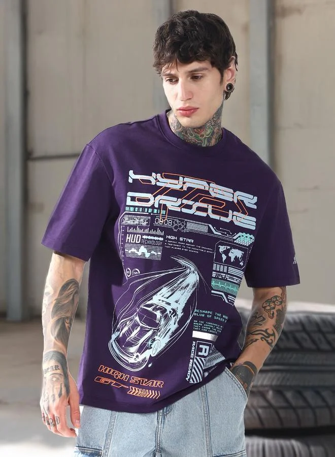 هاي ستار تيشيرت قطن مطبوع برسومات موتو ريسر بياقة دائرية وأكمام قصيرة بقصة مريحة