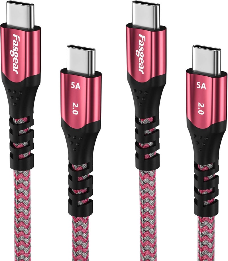 فاسجير كابل قصير USB C إلى USB C بطول 50 سم/1.6 قدم - عبوة من 2، بقدرة 100 واط (5 أمبير 20 فولت)، توصيل طاقة، مضفر بالنايلون، كابلات USB 2.0 من Type C، متوافقة مع M1 Mac-Book Pro/Air وChromebook وGalaxy S24 وSwitch (أحمر). - Image 1