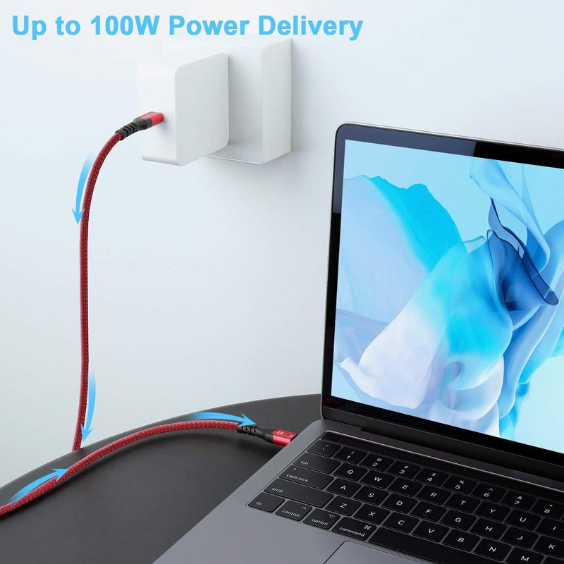 فاسجير كابل قصير USB C إلى USB C بطول 50 سم/1.6 قدم - عبوة من 2، بقدرة 100 واط (5 أمبير 20 فولت)، توصيل طاقة، مضفر بالنايلون، كابلات USB 2.0 من Type C، متوافقة مع M1 Mac-Book Pro/Air وChromebook وGalaxy S24 وSwitch (أحمر). - Image 3