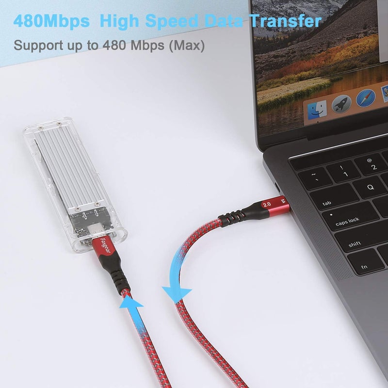 فاسجير كابل قصير USB C إلى USB C بطول 50 سم/1.6 قدم - عبوة من 2، بقدرة 100 واط (5 أمبير 20 فولت)، توصيل طاقة، مضفر بالنايلون، كابلات USB 2.0 من Type C، متوافقة مع M1 Mac-Book Pro/Air وChromebook وGalaxy S24 وSwitch (أحمر). - Image 2