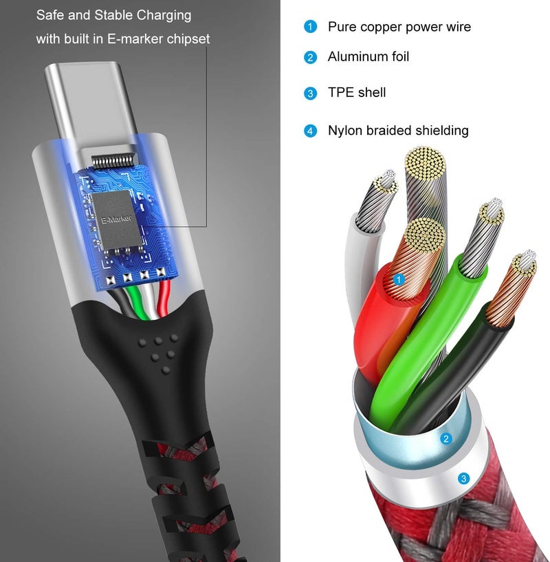 فاسجير كابل قصير USB C إلى USB C بطول 50 سم/1.6 قدم - عبوة من 2، بقدرة 100 واط (5 أمبير 20 فولت)، توصيل طاقة، مضفر بالنايلون، كابلات USB 2.0 من Type C، متوافقة مع M1 Mac-Book Pro/Air وChromebook وGalaxy S24 وSwitch (أحمر). - Image 5