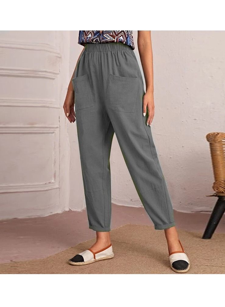 Loquat New Elastic Waist Cotton Oblique Pocket Nine Points Small Foot Leg Women's Pants 