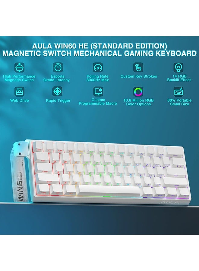 AULA WIN60 HE Mechanical Gaming Keyboard Wired,Hall Effect Magnetic Switches,Adjustable Actuation Rapid Trigger,8K Polling Rate,Side Printed,RGB Backlight,60% Percent Keyboard for Mac/Win (WHITE) - Image 2