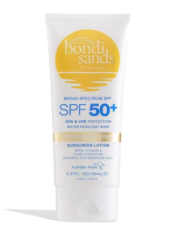 بوندي ساندز واقي شمس واسع الطيف SPE، SPF 50 للحماية من UVA و UVB، مقاوم للماء لمدة 4 ساعات، لوشن خالي من العطر مع فيتامين E، ترطيب لمدة 72 ساعة، كريم شمس مناسب للبشرة الحساسة 150 مل - Image 1
