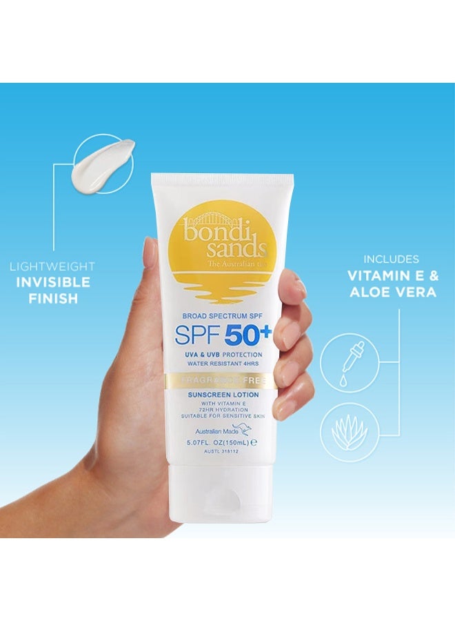 بوندي ساندز واقي شمس واسع الطيف SPE، SPF 50 للحماية من UVA و UVB، مقاوم للماء لمدة 4 ساعات، لوشن خالي من العطر مع فيتامين E، ترطيب لمدة 72 ساعة، كريم شمس مناسب للبشرة الحساسة 150 مل - Image 2