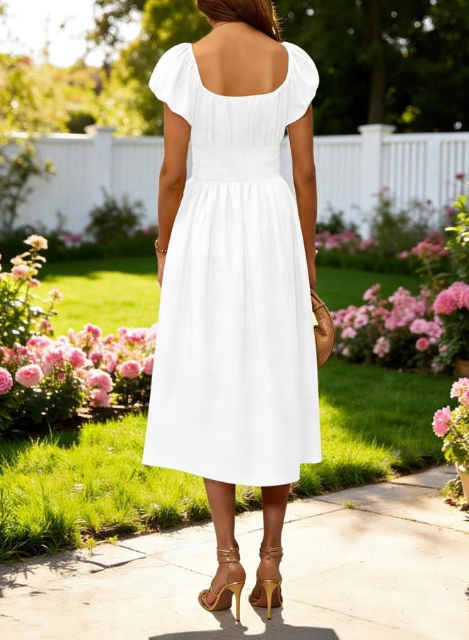 Yousify Women's Summer Dresses 2026 Short Puff Sleeve Midi Dress Casual Scoop Neck A Line Sundress with Pockets, White, L - Image 4