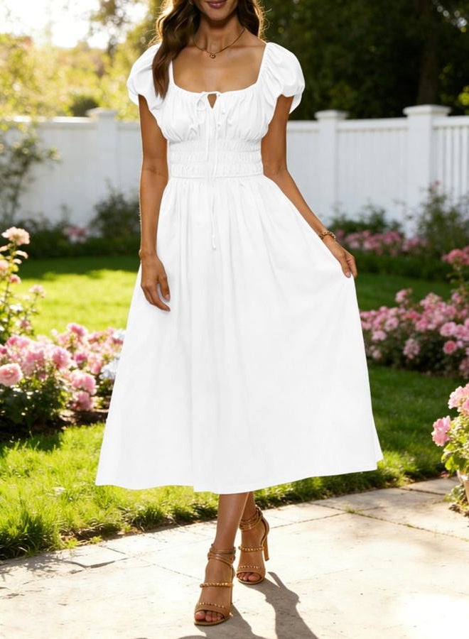 Yousify Women's Summer Dresses 2026 Short Puff Sleeve Midi Dress Casual Scoop Neck A Line Sundress with Pockets, White, L - Image 2