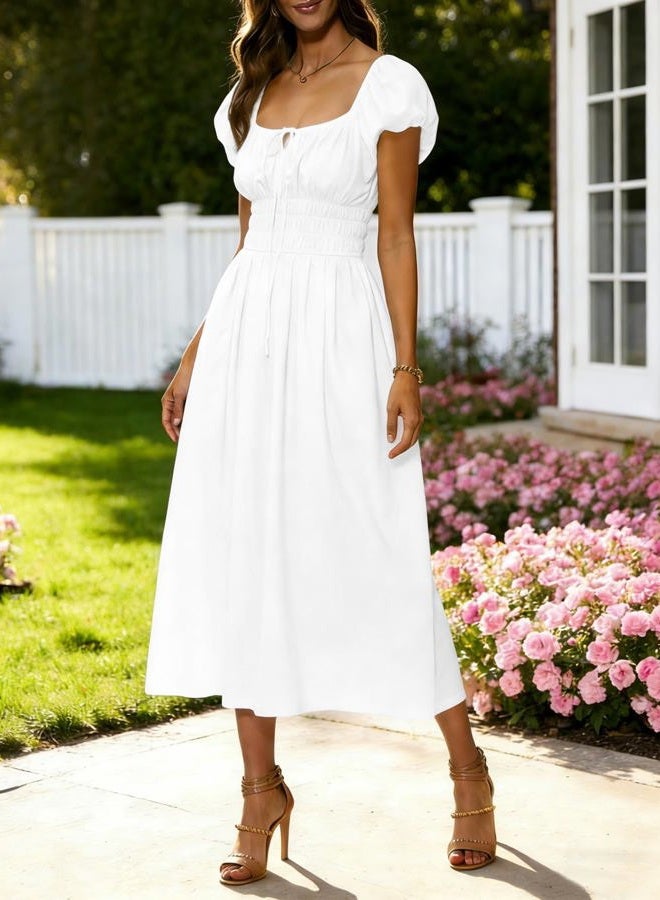 Yousify Women's Summer Dresses 2026 Short Puff Sleeve Midi Dress Casual Scoop Neck A Line Sundress with Pockets, White, L - Image 3