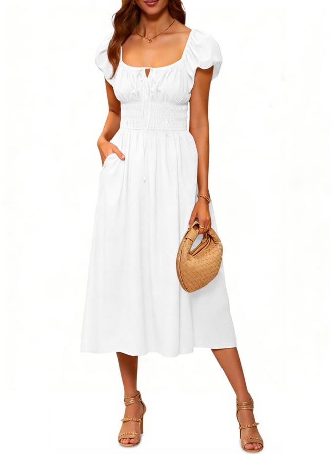 Yousify Women's Summer Dresses 2026 Short Puff Sleeve Midi Dress Casual Scoop Neck A Line Sundress with Pockets, White, L - Image 1