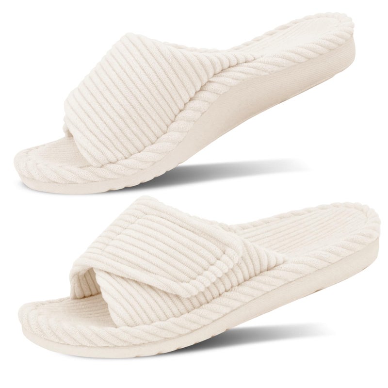 GRITHEIM Women's Orthopedic Arch Support Slippers Fuzzy Adjustable Orthotic Slippers for Plantar Fasciitis Ladies Furry Supportive Corduroy Memory Foam Open Toe Gift Slide (Beige, US 9 Medium) - Image 1