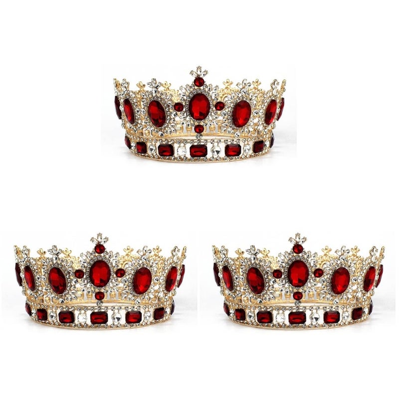 cheekyglo 3pcs Wedding Rhinestones Prom Baroque Tiara Crystal Birthday Hairband Clip Hair for / Party Rhinestone Vintage Barrettes Loop Queen Red Full Decorated Bride Round - Image 1