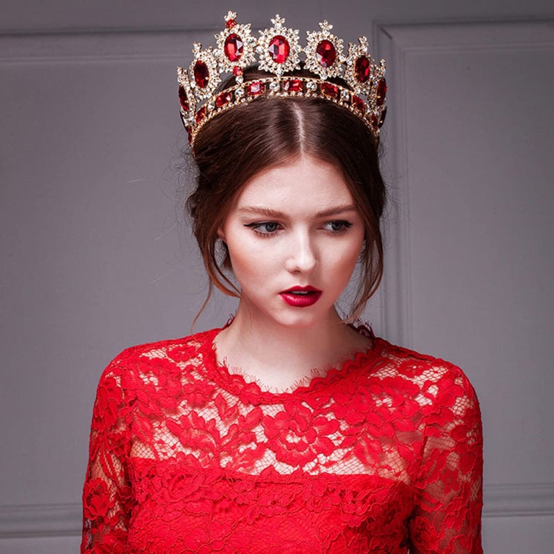 cheekyglo 3pcs Wedding Rhinestones Prom Baroque Tiara Crystal Birthday Hairband Clip Hair for / Party Rhinestone Vintage Barrettes Loop Queen Red Full Decorated Bride Round - Image 5