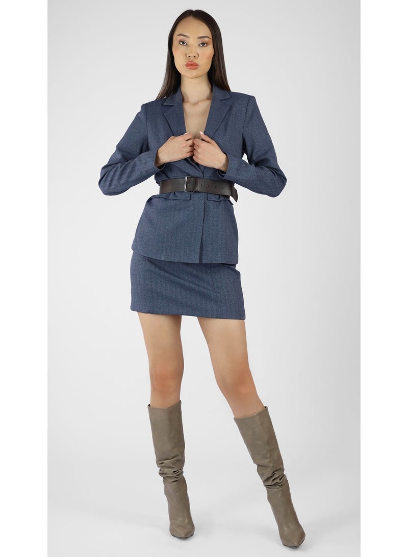KYVELi Tailored Waist-Cinch Blazer and Skirt Co-Ord Set-Blue - Image 1