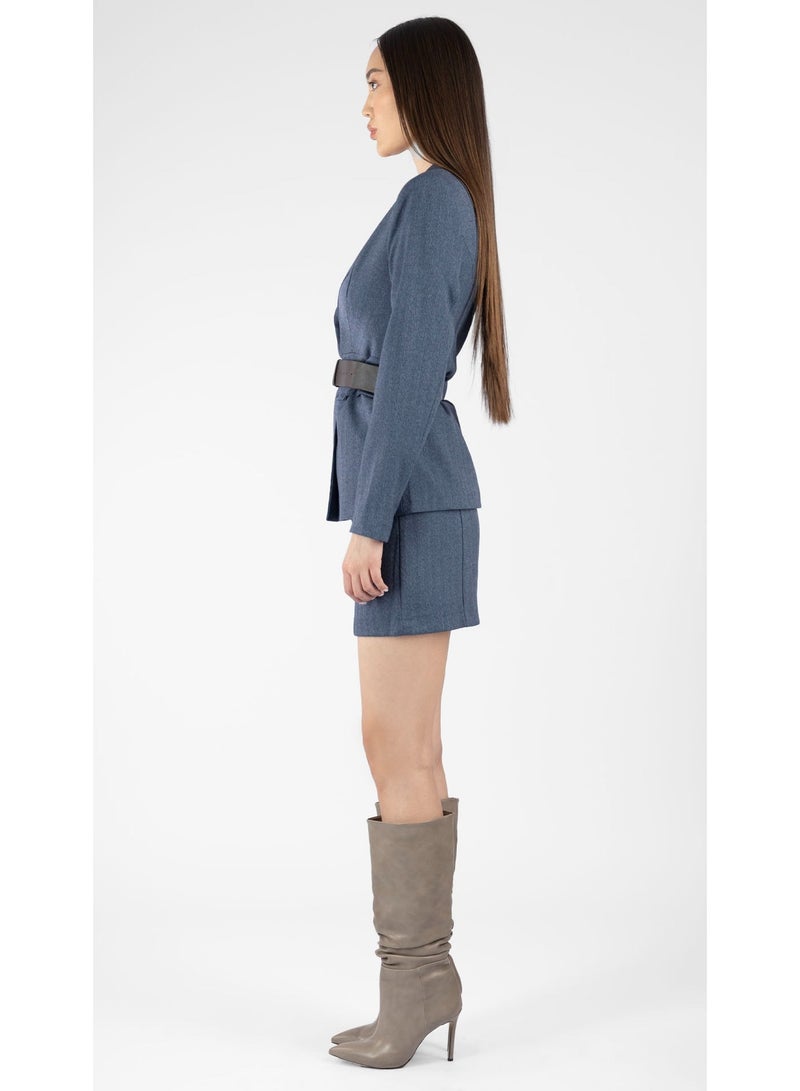 KYVELi Tailored Waist-Cinch Blazer and Skirt Co-Ord Set-Blue - Image 3