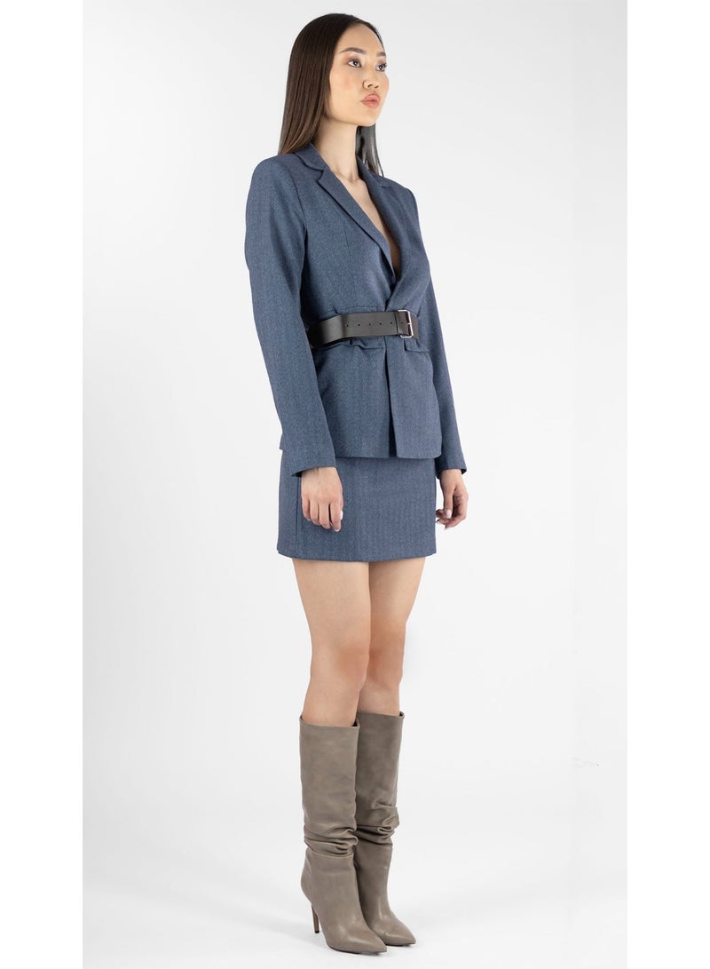KYVELi Tailored Waist-Cinch Blazer and Skirt Co-Ord Set-Blue - Image 2