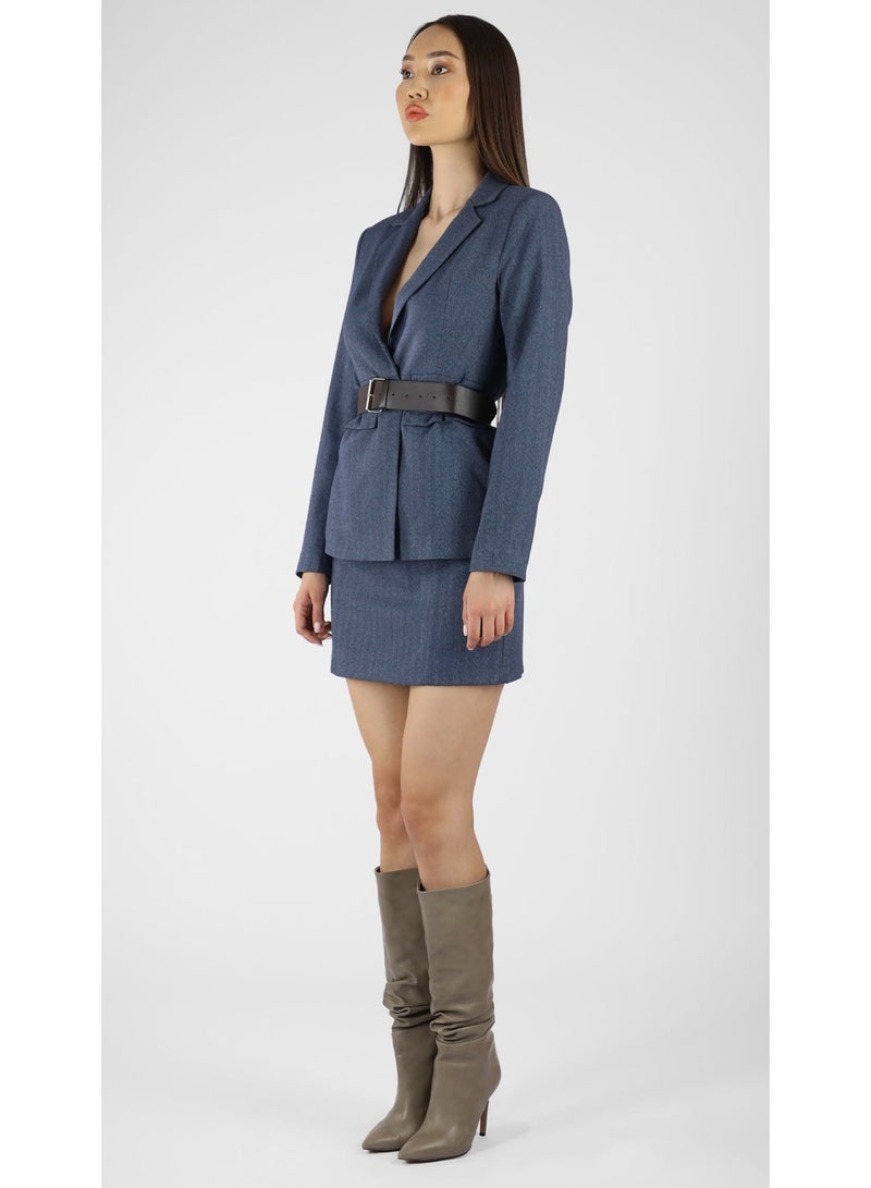 KYVELi Tailored Waist-Cinch Blazer and Skirt Co-Ord Set-Blue - Image 5