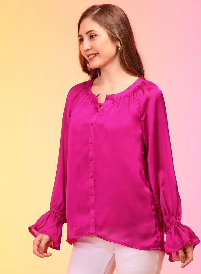 globus Solid Round Neck Ruffled Sleeves Buttoned Top