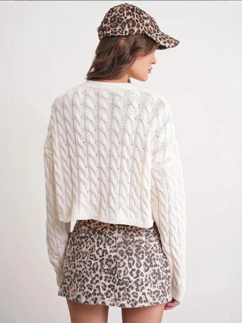 Mixray Natural Mixray Cable Knit Pattern Crew Neck Sweater for Women | Best Price UAE