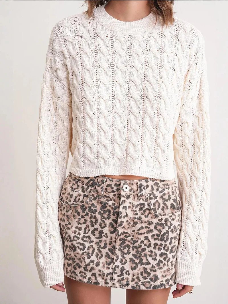 Mixray Natural Mixray Cable Knit Pattern Crew Neck Sweater for Women | Best Price UAE