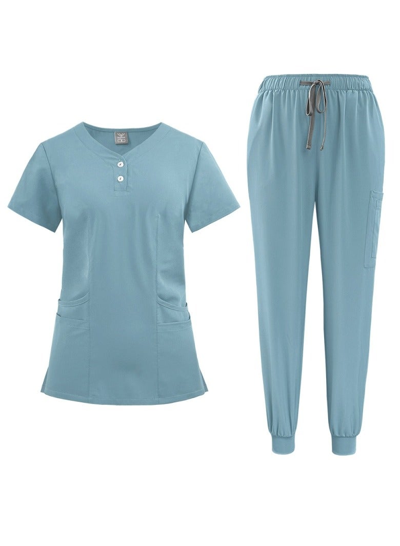 Loquat Solid Color Medical Uniform Scrubs 2 Piece Set V-Neck Top and Jogger Pants Suit Light Blue  - Image 2