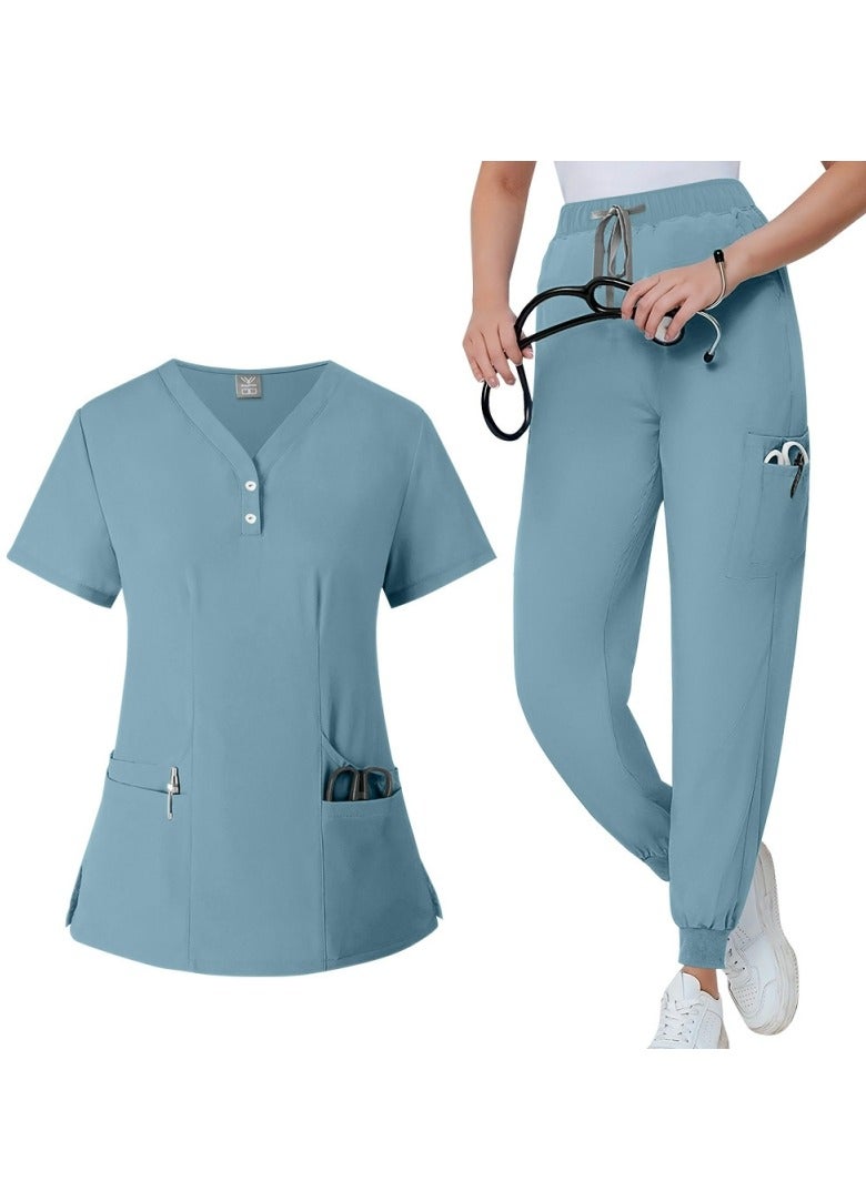 Loquat Solid Color Medical Uniform Scrubs 2 Piece Set V-Neck Top and Jogger Pants Suit Light Blue  - Image 1