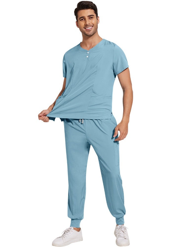 Loquat Solid Color Medical Uniform Scrubs 2 Piece Set V-Neck Top and Jogger Pants Suit Light Blue  - Image 3