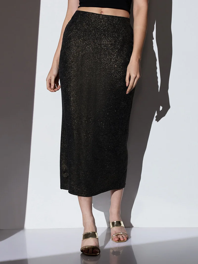 globus Globus Women Gold Mid-Rise Self Design Striped Shimmer Stretchable Back Slit Midi Party Pencil Skirt