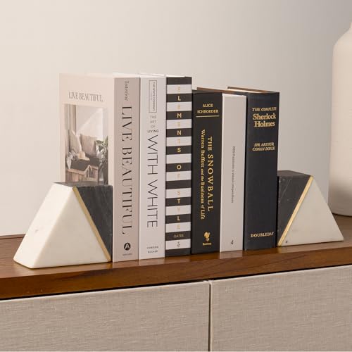 Cork & Mill Marble Book Ends for Shelves, Decorative Bookends for Heavy Books, Unique Mid Century Modern Gray and White Bookends with Brass Inlay, Heavy Duty Bookshelf Stopper, Set of 2 - Image 2