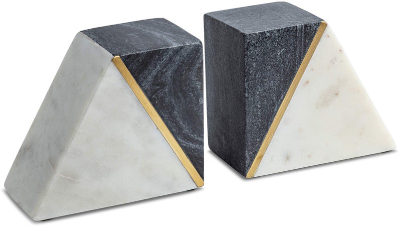 Cork & Mill Marble Book Ends for Shelves, Decorative Bookends for Heavy Books, Unique Mid Century Modern Gray and White Bookends with Brass Inlay, Heavy Duty Bookshelf Stopper, Set of 2 - Image 1