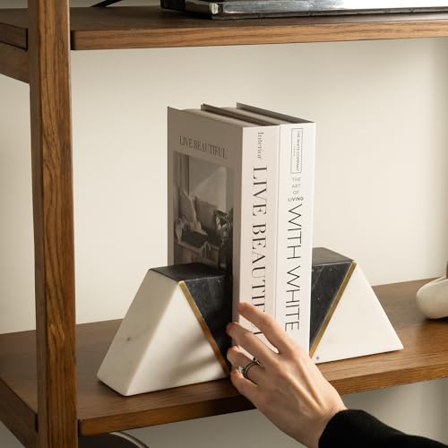 Cork & Mill Marble Book Ends for Shelves, Decorative Bookends for Heavy Books, Unique Mid Century Modern Gray and White Bookends with Brass Inlay, Heavy Duty Bookshelf Stopper, Set of 2 - Image 5