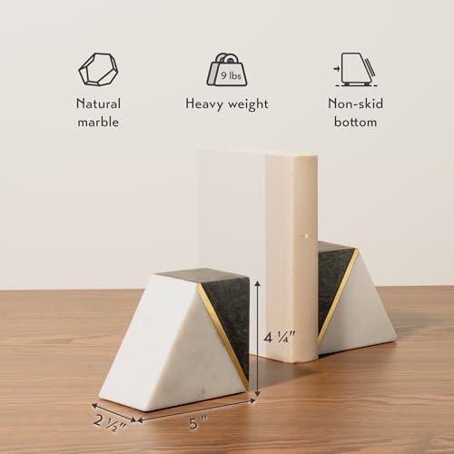 Cork & Mill Marble Book Ends for Shelves, Decorative Bookends for Heavy Books, Unique Mid Century Modern Gray and White Bookends with Brass Inlay, Heavy Duty Bookshelf Stopper, Set of 2 - Image 3
