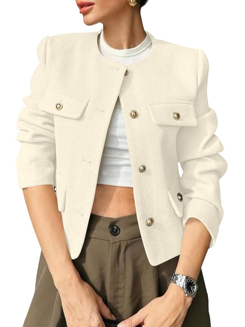 Cicy Bell Womens Cropped Tweed Blazers Jacket Collarless Button Down Business Casual Winter Coats 2026 Spring Outfits White - Image 1