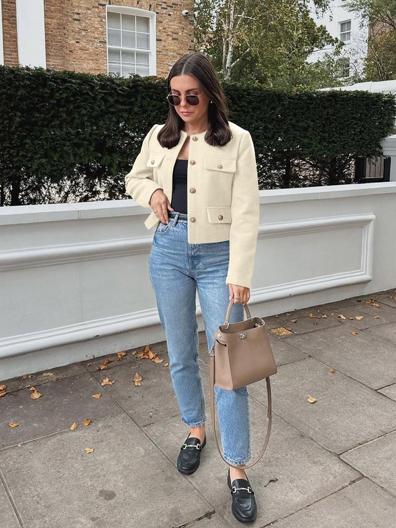 Cicy Bell Womens Cropped Tweed Blazers Jacket Collarless Button Down Business Casual Winter Coats 2026 Spring Outfits White - Image 2