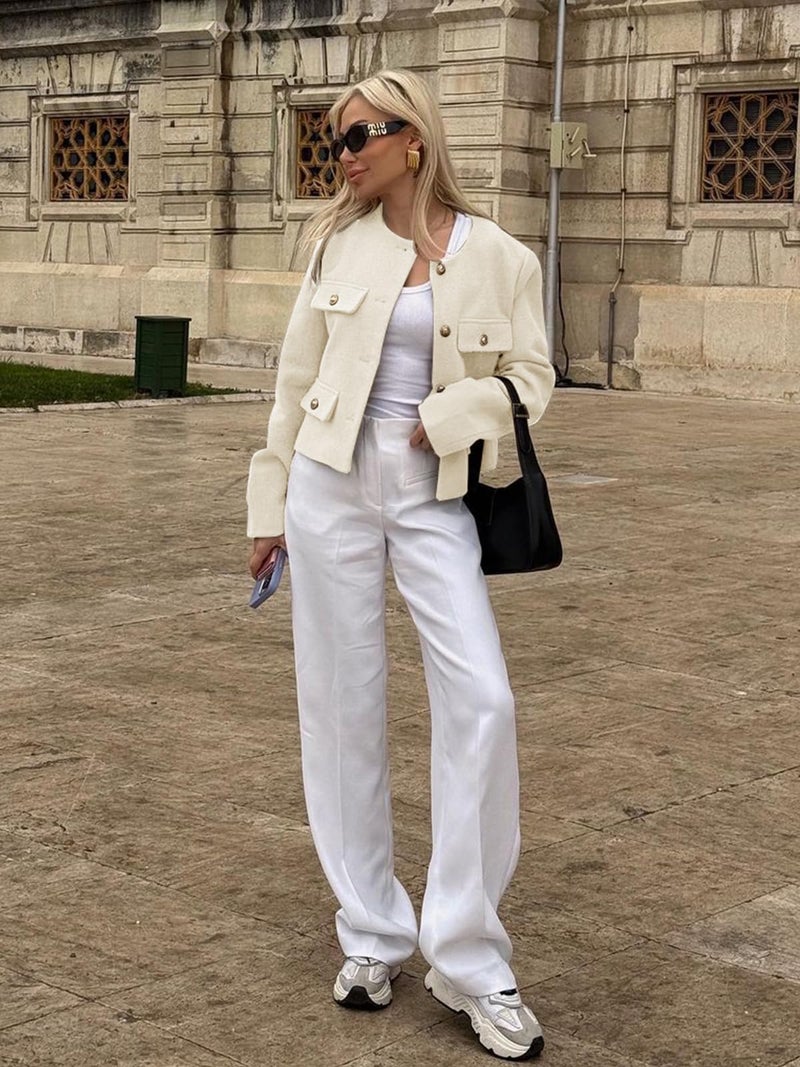 Cicy Bell Womens Cropped Tweed Blazers Jacket Collarless Button Down Business Casual Winter Coats 2026 Spring Outfits White - Image 5