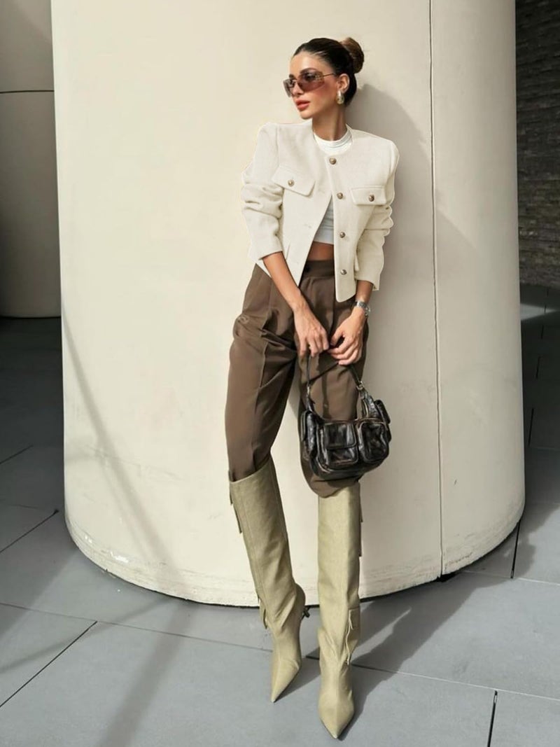 Cicy Bell Womens Cropped Tweed Blazers Jacket Collarless Button Down Business Casual Winter Coats 2026 Spring Outfits White - Image 4