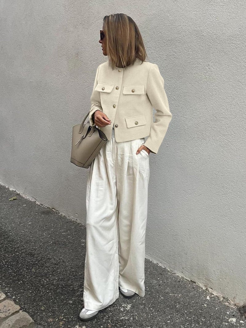 Cicy Bell Womens Cropped Tweed Blazers Jacket Collarless Button Down Business Casual Winter Coats 2026 Spring Outfits White - Image 3