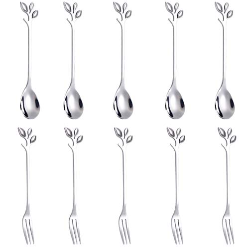 AnSaw 10Pc Silver Mini Spoons  Forks Set 47  Stainless Steel Leaf Handle Ideal for CoffeeTea Appetizers Tastings Parties Charcuterie  Cocktails