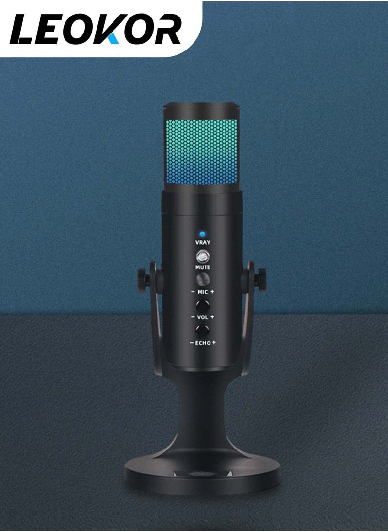 LEOKOR - Gaming PC Microphone,USB Streaming Microphone,for Podcast Game Chat,Computer Condenser Desktop Mic with RGB,Mute Button,Noise Cancellation Function - Image 1