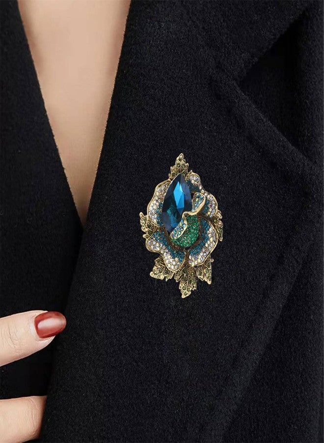 IS4U Large Rhinestone Crystal Flower Brooch Pin Vintage Rose Blossom Brooch Rose Red/Blue/Green/Yellow//Red Crystal Broochs Big Large Flower Broochs Lapel Pins Bridal Dress Pin Clothes Bag Hat Jewelry for Women (Blue) - Image 2