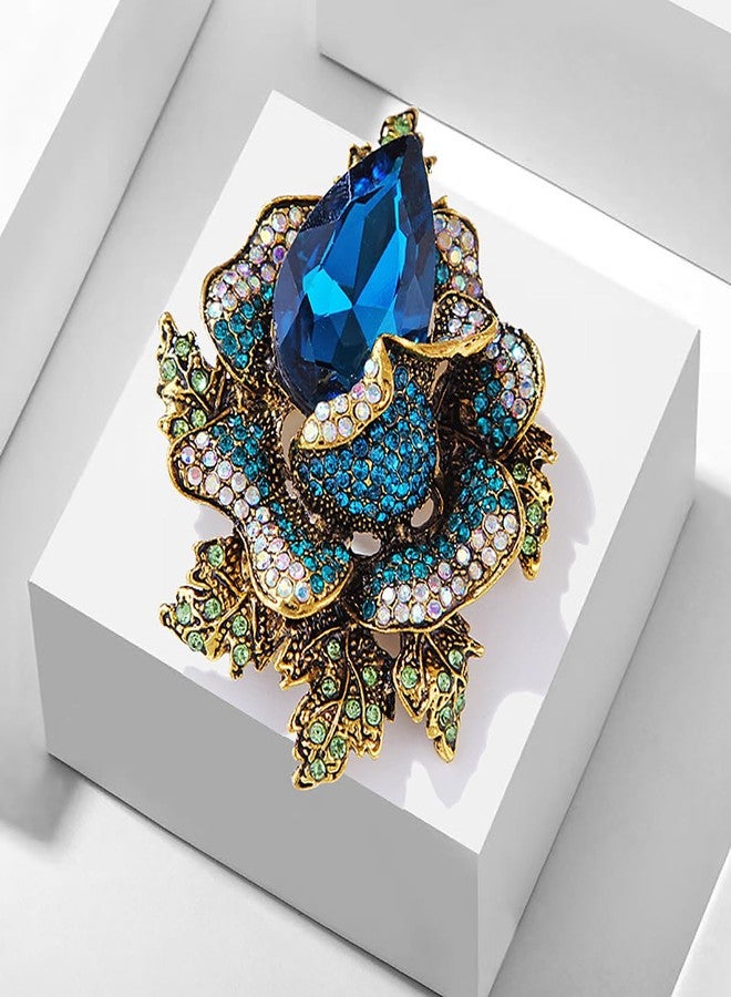 IS4U Large Rhinestone Crystal Flower Brooch Pin Vintage Rose Blossom Brooch Rose Red/Blue/Green/Yellow//Red Crystal Broochs Big Large Flower Broochs Lapel Pins Bridal Dress Pin Clothes Bag Hat Jewelry for Women (Blue) - Image 3