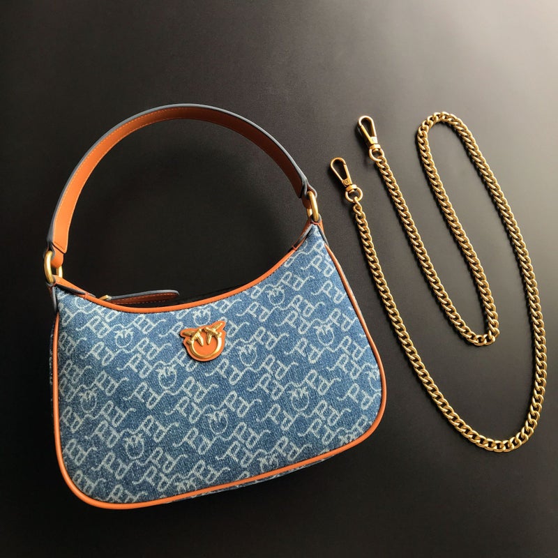 New Pinko Same Style Denim Denim Genuine Leather Swallow Bag Armpit Puff Mini Pillow Bag Chain Women'S Bag - Image 2