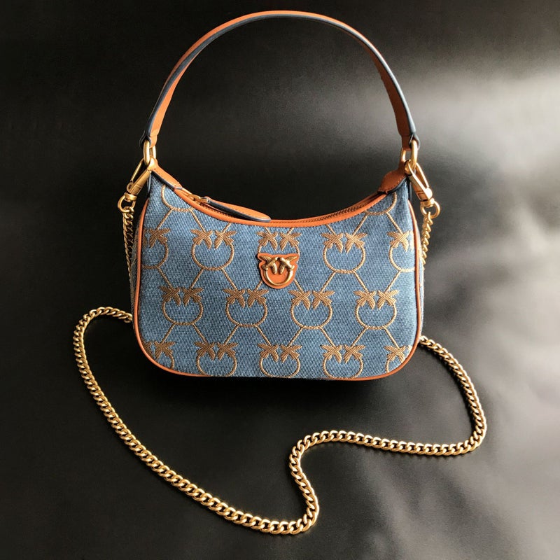 New Pinko Same Style Denim Denim Genuine Leather Swallow Bag Armpit Puff Mini Pillow Bag Chain Women'S Bag - Image 1