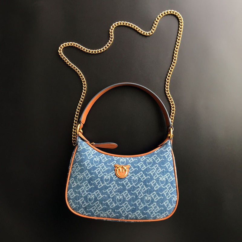 New Pinko Same Style Denim Denim Genuine Leather Swallow Bag Armpit Puff Mini Pillow Bag Chain Women'S Bag - Image 3
