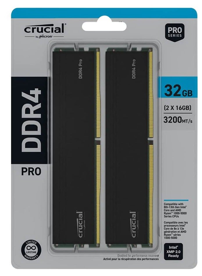 كروشيال مجموعة ذاكرة سطح المكتب Pro 32GB 2 x 16GB DDR4-3200 PC4-25600 CL22 CP2K16G4DFRA32A - أسود - Image 1