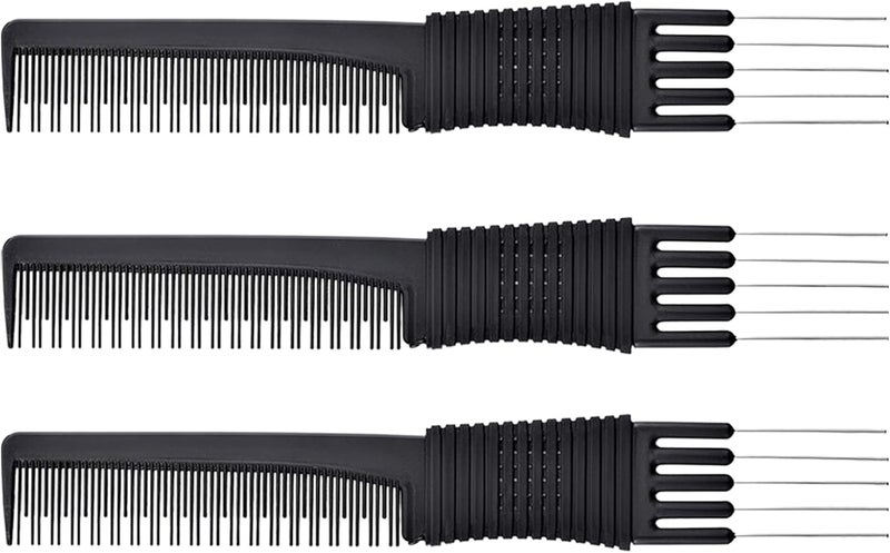 3 Pack Black Carbon Lift Teasing Combs with Metal Prong Salon Teasing Back Combs Black Carbon Comb with Stainless Steel Lift Style A