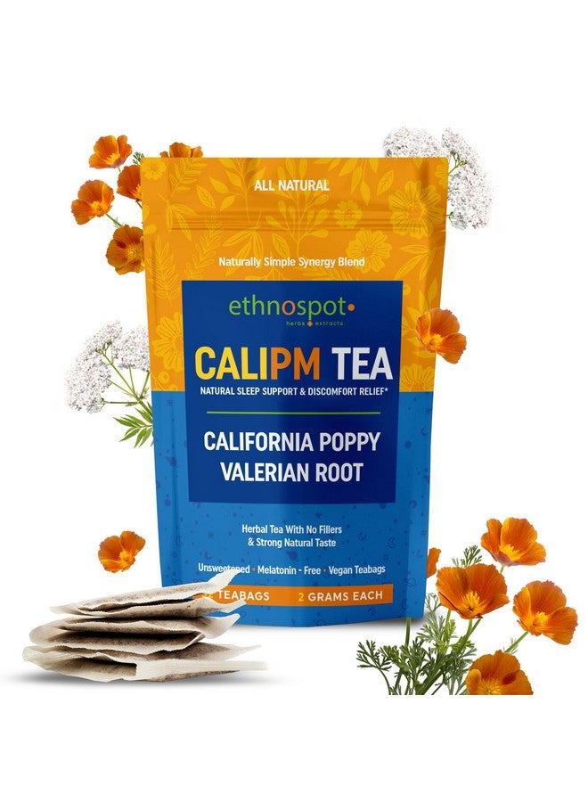 Ethnospot CaliPM Teabags - Natural Sleep Tea with California Poppy & Valerian Root, Herbal Tea for Relaxation & Discomfort Relief, Unsweetened & Vegan, Melatonin-Free, 100% Natural Ingredients - 2 Gram Teabags - 32 Teabags - Image 1