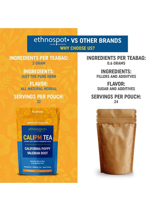 Ethnospot CaliPM Teabags - Natural Sleep Tea with California Poppy & Valerian Root, Herbal Tea for Relaxation & Discomfort Relief, Unsweetened & Vegan, Melatonin-Free, 100% Natural Ingredients - 2 Gram Teabags - 32 Teabags - Image 5