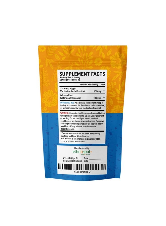 Ethnospot CaliPM Teabags - Natural Sleep Tea with California Poppy & Valerian Root, Herbal Tea for Relaxation & Discomfort Relief, Unsweetened & Vegan, Melatonin-Free, 100% Natural Ingredients - 2 Gram Teabags - 32 Teabags - Image 2
