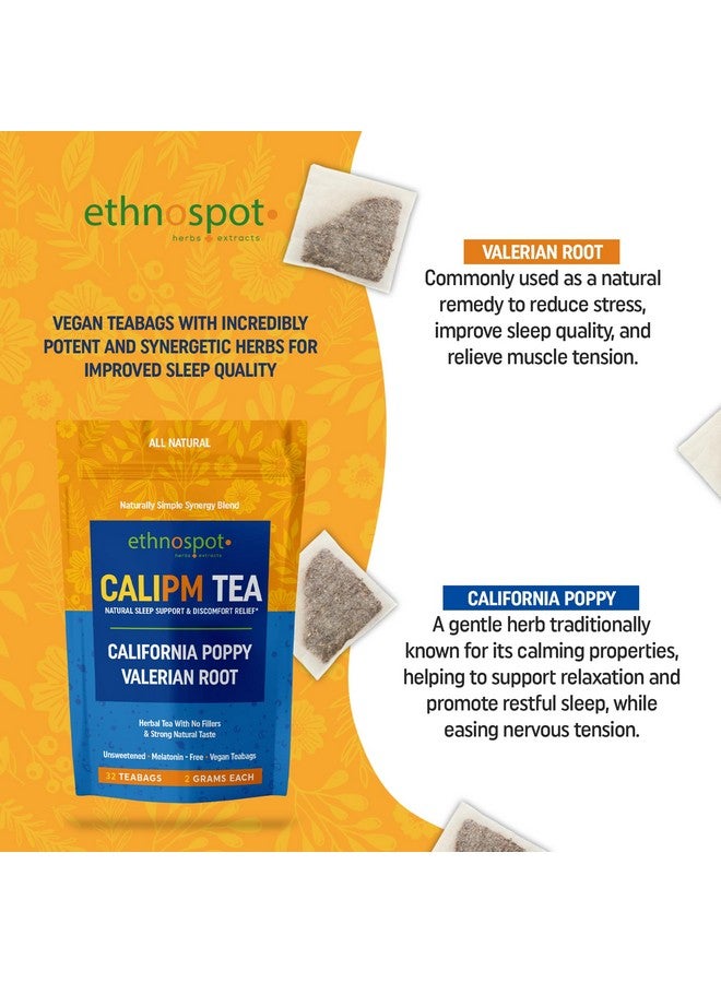 Ethnospot CaliPM Teabags - Natural Sleep Tea with California Poppy & Valerian Root, Herbal Tea for Relaxation & Discomfort Relief, Unsweetened & Vegan, Melatonin-Free, 100% Natural Ingredients - 2 Gram Teabags - 32 Teabags - Image 4