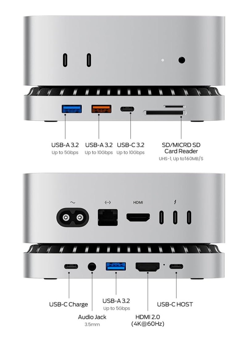 رايكيو ماك ميني M4 دوك، قاعدة ألومنيوم لماك ميني و محطة HDMI لماك ميني M4 و M4 برو 2024 مع علبة M.2 NVMe/SATA SSD، HDMI 4K60Hz، USB A/C 10G، USB A*2 5G، شحن USB-C، SD/TF، صوت. - Image 2